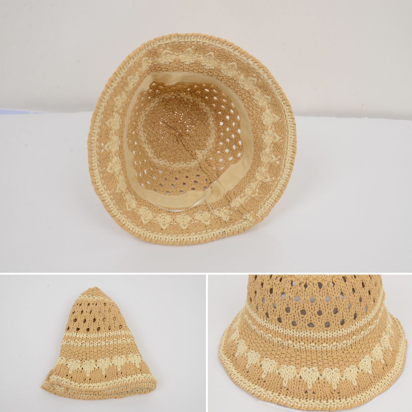 Crochet Knit Bucket Hat with Openwork Floral Pattern and Rolled Brim for Lightweight Summer Style