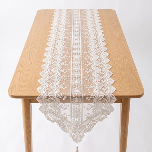 White Floral Lace Table Runner with Scalloped Edges 13.8x47.2in