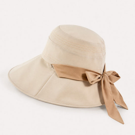 Wide Brim Sun Hat with Bow Accent Stitched Crown and Soft Structured Brim