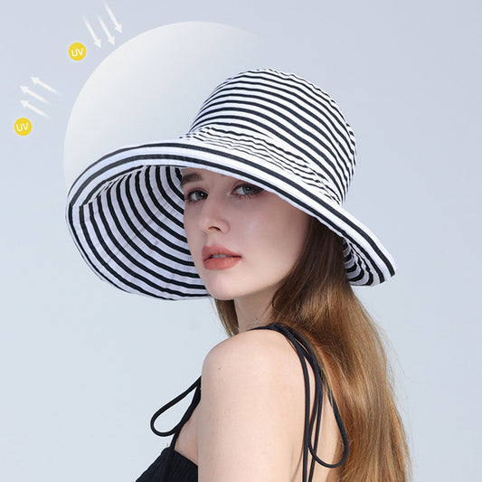 Women's Wide Brim Bucket Hat with Black and White Stripe Pattern and Sun Protection Design