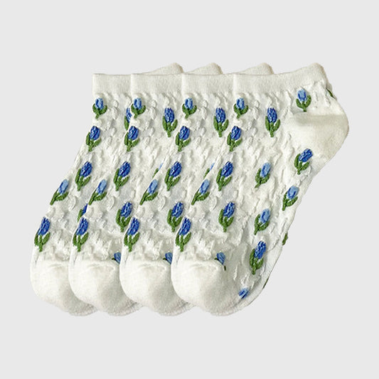 Adorable Summer Floral Embroidered Ankle Socks 4Pk
