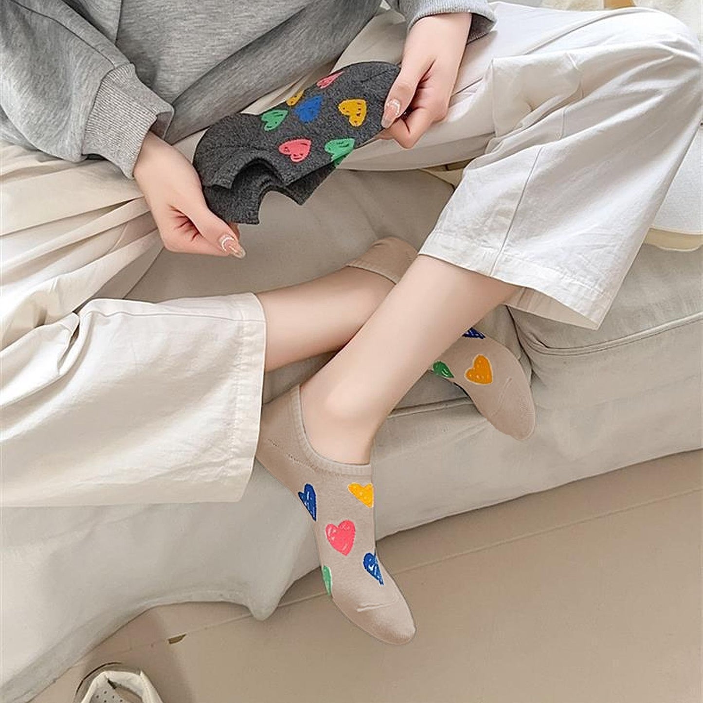 Summer Colorful Heart-Printed No-Show Socks 6pk