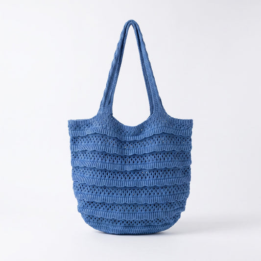 Crochet Knit Tote Bag with Openwork Ruffle Design and Long Handles