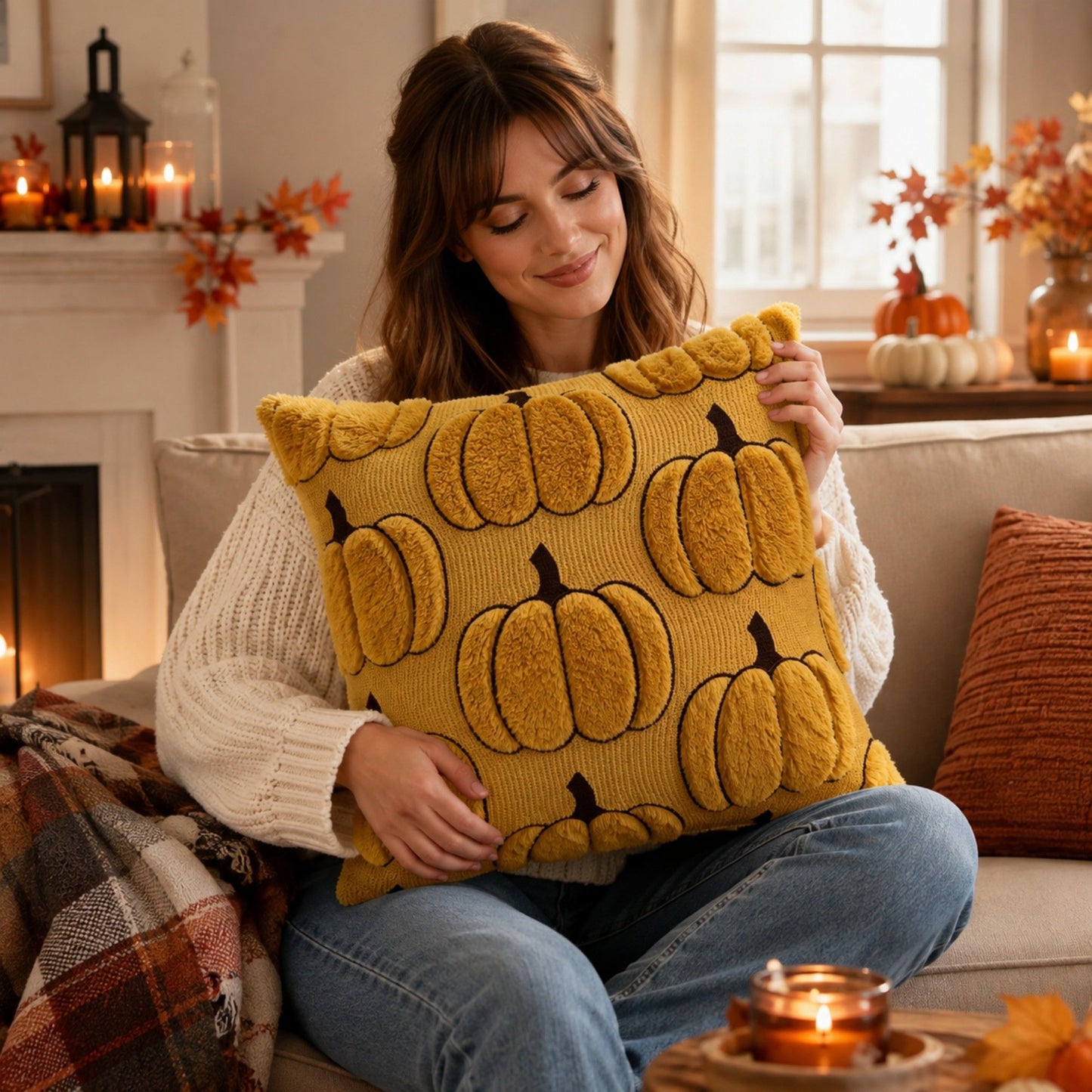 Plush Pumpkin Throw Pillow Cover Square Decorative Fall Cushion Cover