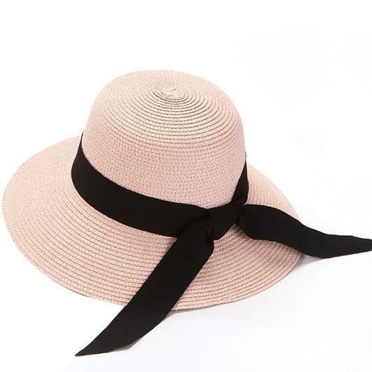 Wide Brim Straw Sun Hat with Black Ribbon Bow Adjustable Chin Strap Inner Sweatband for Outdoor and Travel Use