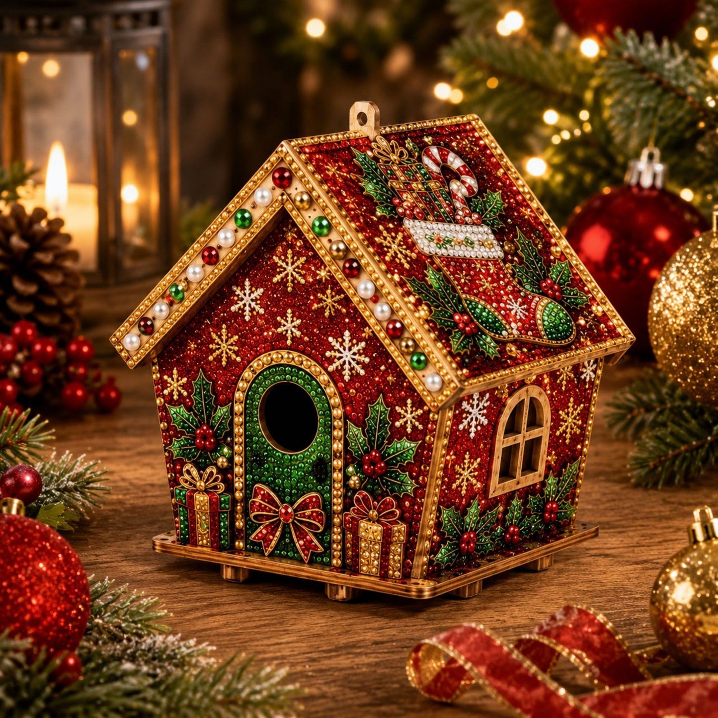 DIY Pearl Art Christmas Birdhouse Craft Kit with 3D Holiday Design