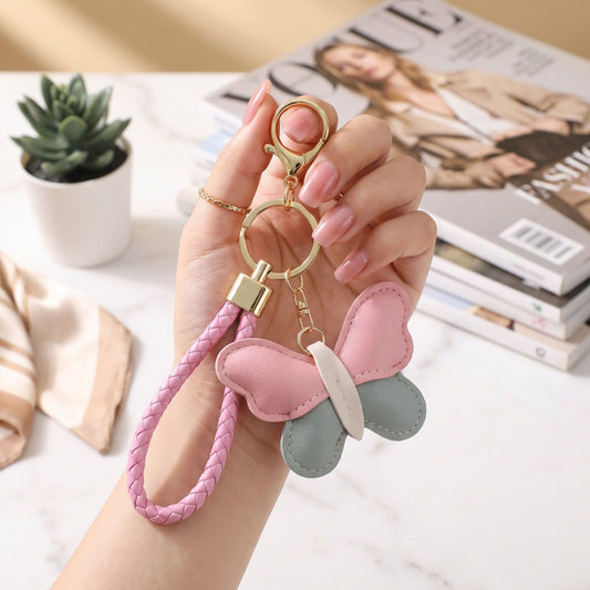 2-Piece Womens Faux Leather Bag Charm Keychain with Braided Wrist Strap and Gold Tone Ring