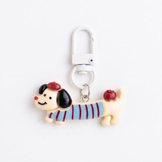 2-Piece Dachshund Dog Keychain Bag Charm Striped Sweater Apple Accent Clip Key Ring