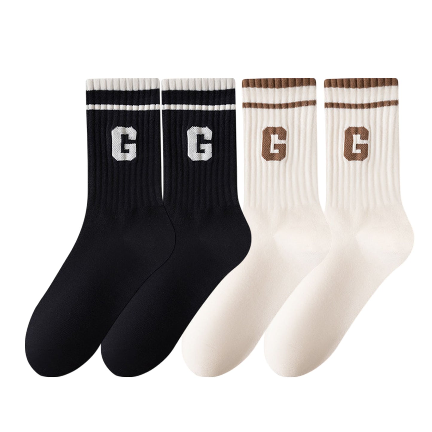 4-Pair Pack Ribbed Cotton Crew Socks with Striped Cuffs and G Letter Detail in Neutral Athletic Color Combinations