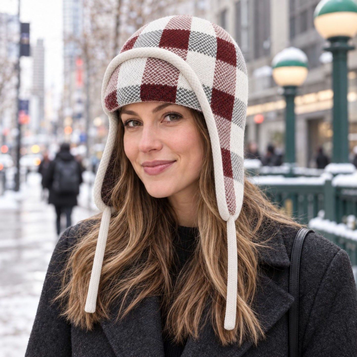 Plaid Ear Flap Knit Beanie Winter Thermal Trapper Hat