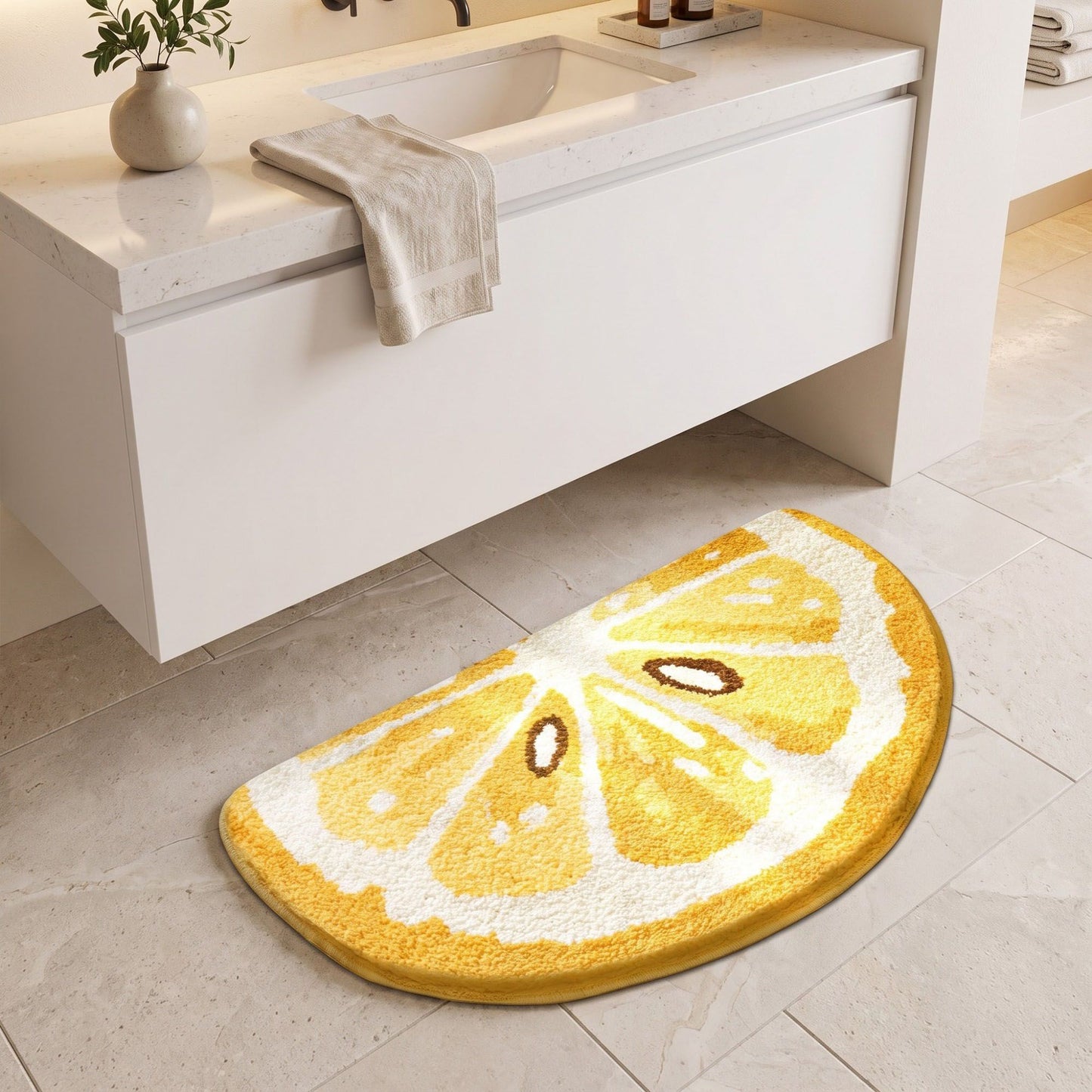 Kiwi Fruit Slice Plush Semicircle Bathroom Mat with Green Tufted Design