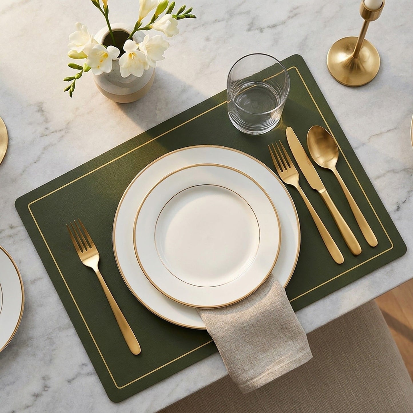 6 Piece Faux Leather Placemat Set Waterproof Heat Resistant Table Mats with Gold Trim Border
