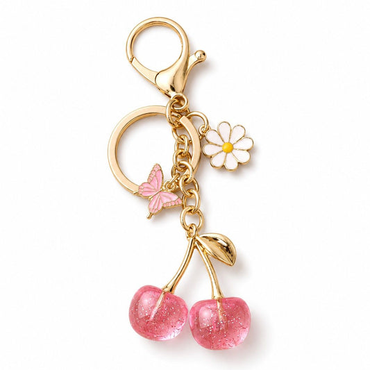 Cherry Bag Charm Keychain with Daisy and Butterfly Accents and Gold-Tone Clip