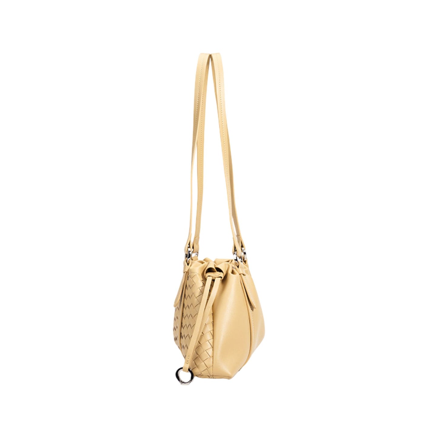 Woven Leather Shoulder Satchel with Ruched Top Detail Long Straps and Slouchy Shape