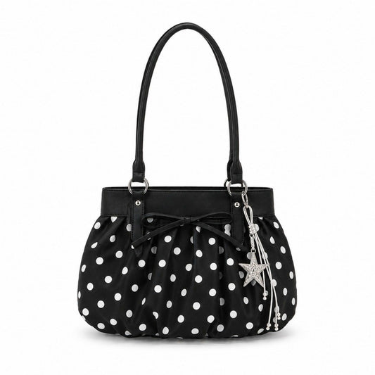 Polka Dot Ruched Shoulder Bag with Bow Detail and Metal Charm