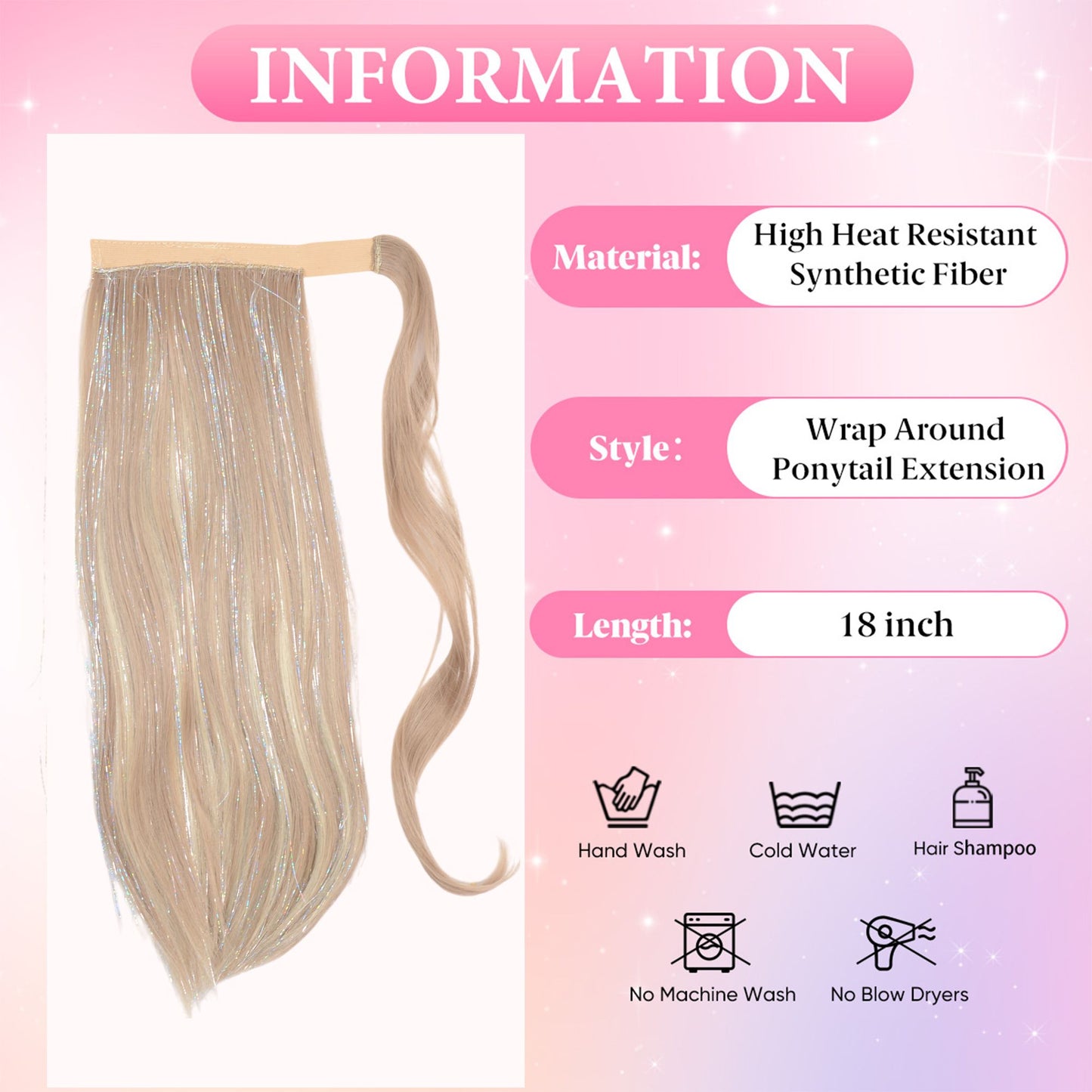 18-Inch Sparkling Straight Wrap Around Ponytail Extension with Shimmering Tinsel Strands for Special Event Glam