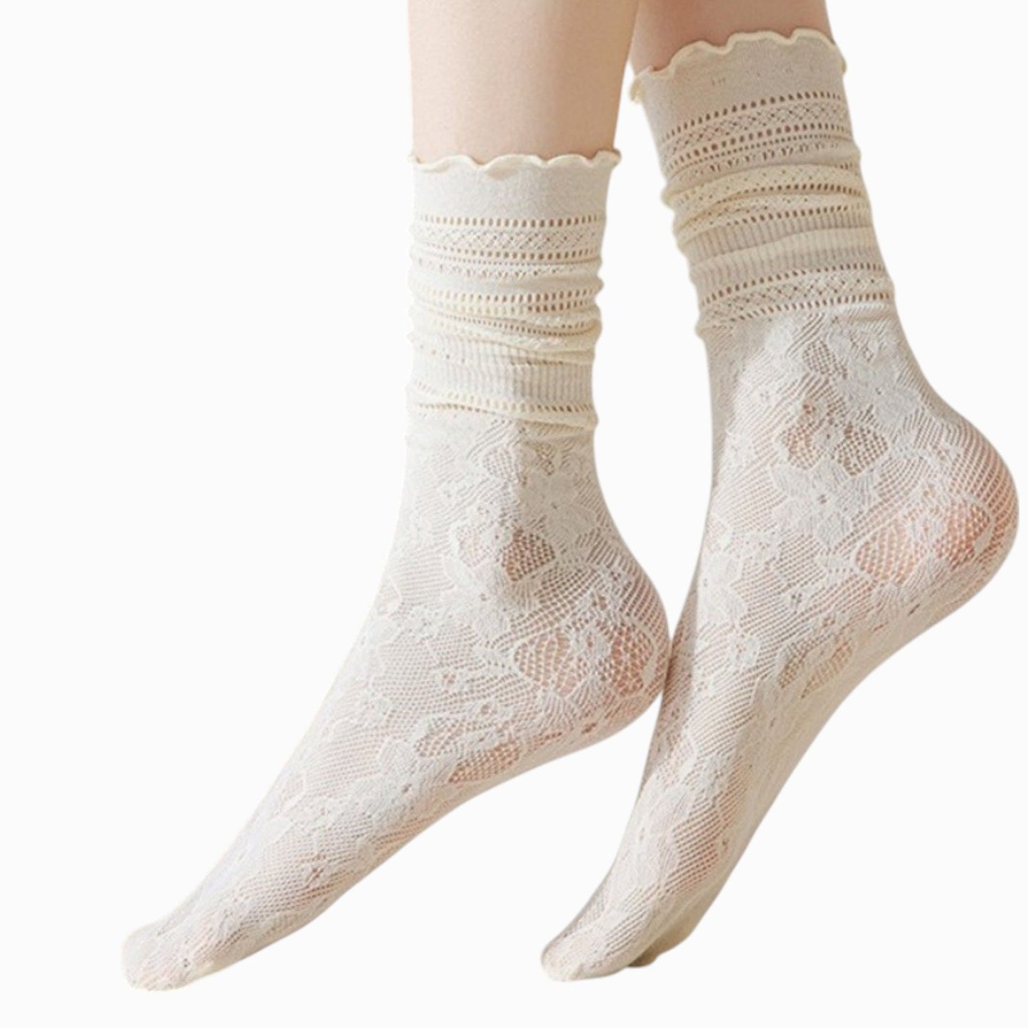 Lace Liner Socks with Elastic Cuff and Floral Mesh Detail Soft Stretch 2-Pack