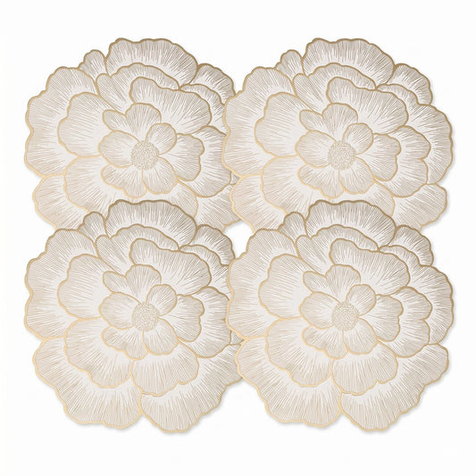 4 Pack Floral Round PVC Placemats Gold Trim Washable Heat Resistant Table Mats