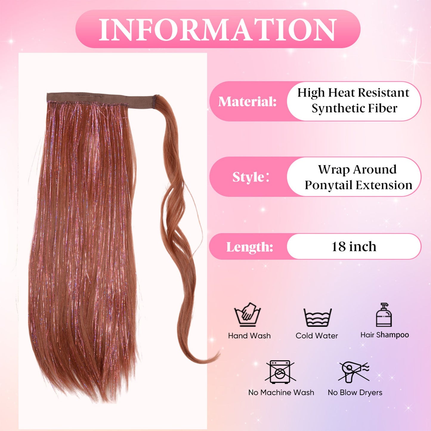 18-Inch Sparkling Straight Wrap Around Ponytail Extension with Shimmering Tinsel Strands for Special Event Glam