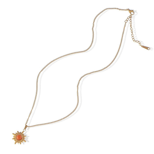 Women's Stainless Steel Necklace with 18K Gold Plated Sun Pendant, Orange Acrylic Stone, Adjustable Chain, Unique Design