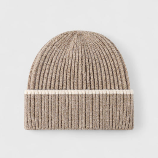Ribbed Knit Beanie Hat with Contrast Trim and Folded Cuff