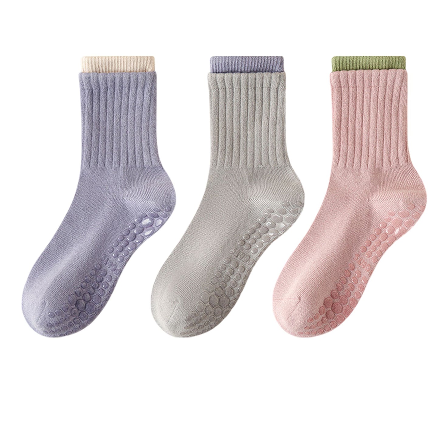 Womens Non-Slip Grip Crew Socks 3 Pair Pack Custom Color Combos Soft Ribbed Cotton with 3D Silicone Heel