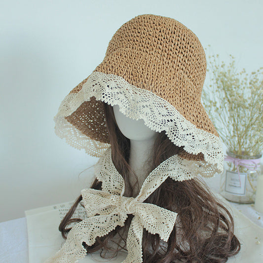 Women's Crochet Straw Hat with Lace Trim and Bow Detail