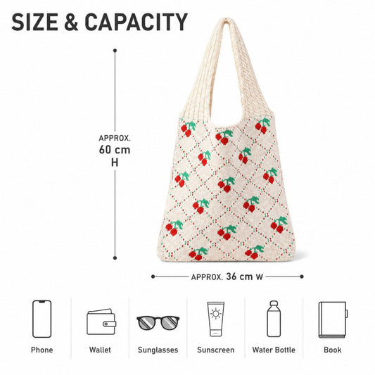 Cherry Knit Tote Bag Crochet Shoulder Purse Large Summer Beach Carryall
