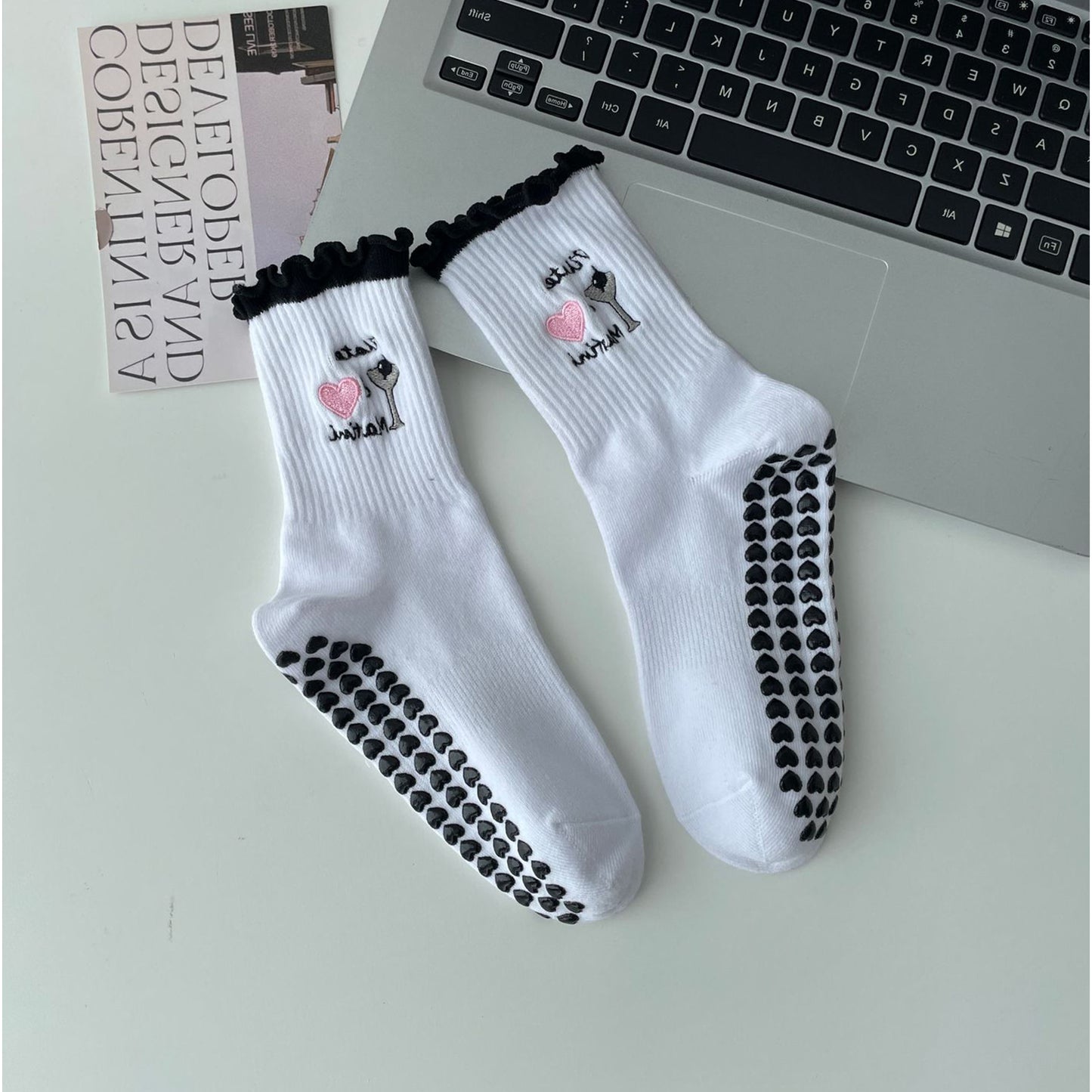 Non Slip Grip Yoga Socks Cute Embroidered Crew Socks Pilates Barre Socks Ruffle Trim Socks 3 Pack