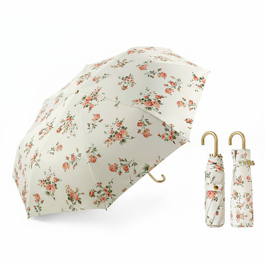 Floral Print Compact Umbrella with Curved Gold Handle