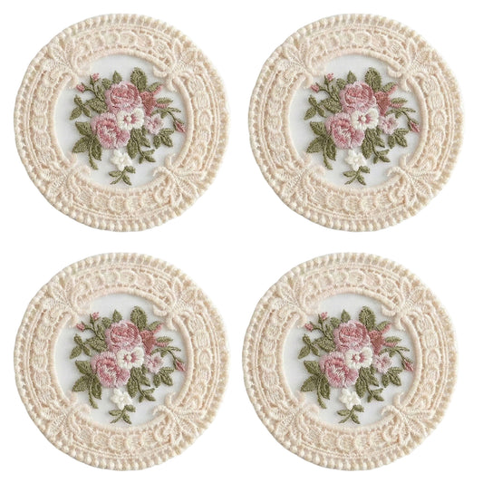 4-PC Round Lace Embroidered Coaster Floral Decorative Table Protector