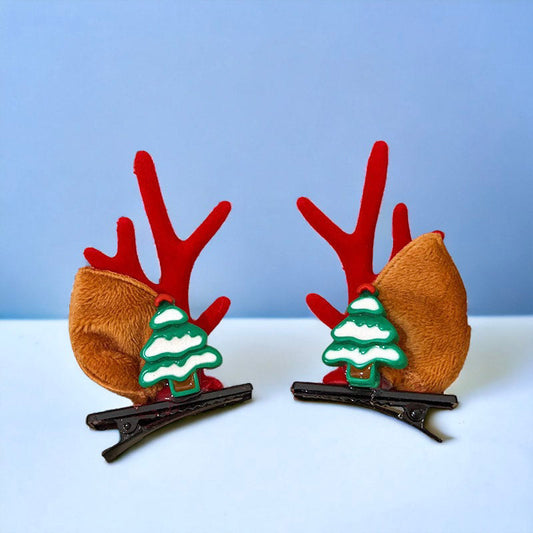 Festive Elk Ears Hair Clip Pair With Christmas Tree, Gift, Bells, Santa Claus and Reindeer Decoration