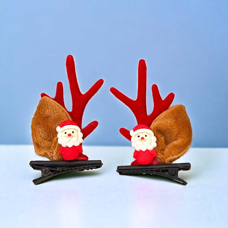 Festive Elk Ears Hair Clip Pair With Christmas Tree, Gift, Bells, Santa Claus and Reindeer Decoration