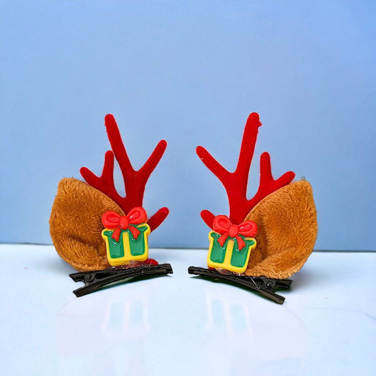 Festive Elk Ears Hair Clip Pair With Christmas Tree, Gift, Bells, Santa Claus and Reindeer Decoration