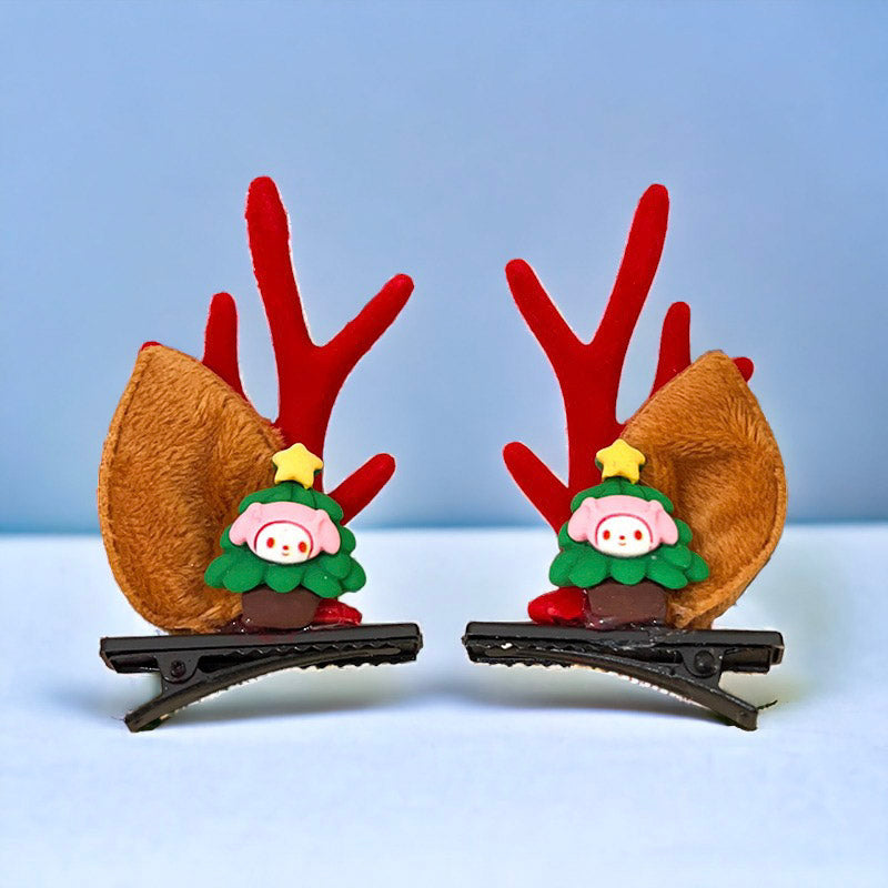 Festive Elk Ears Hair Clip Pair With Christmas Tree, Gift, Bells, Santa Claus and Reindeer Decoration