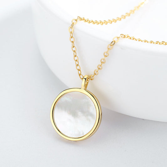 Round Iridescent Shell Pendant 925 Sterling Silver Necklace