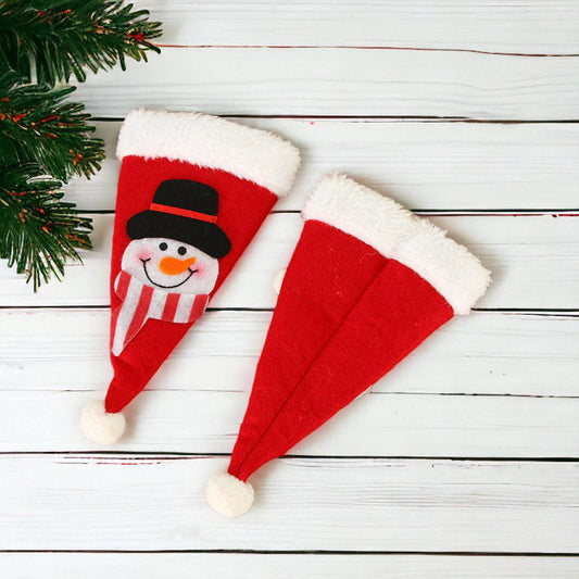 Festive Christmas Hat Utensil Holder with Santa Claus and Snowman Design