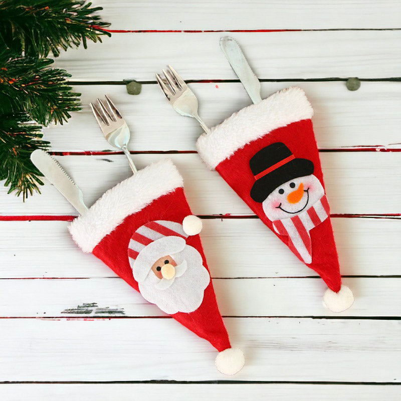 Festive Christmas Hat Utensil Holder with Santa Claus and Snowman Design