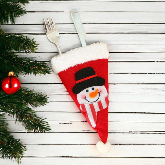 Festive Christmas Hat Utensil Holder with Santa Claus and Snowman Design