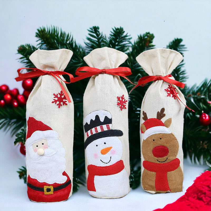 Festive Santa, Snowman, and Reindeer Wine Bottle Cover
