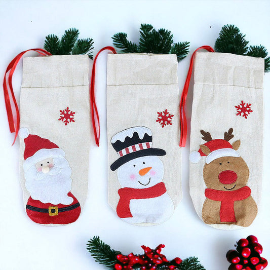 Festive Santa, Snowman, and Reindeer Wine Bottle Cover