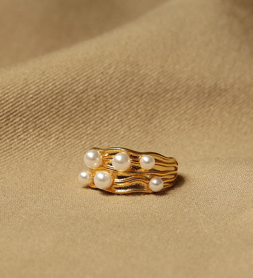 Thick Wavy Pearl Embellished Gold Ring