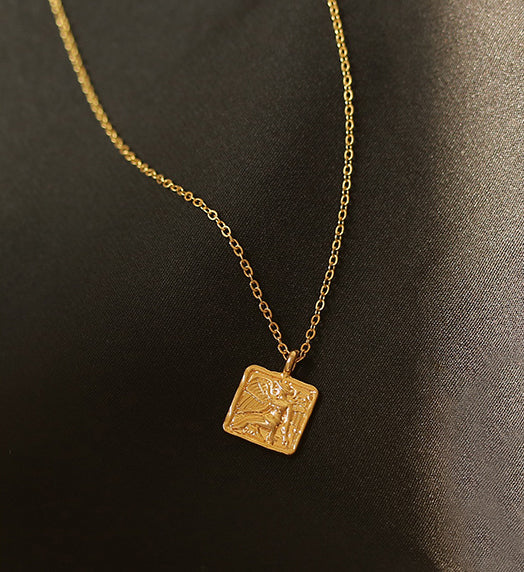 Angel Embossed Square Coin Gold Necklace
