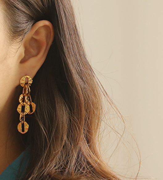 Retro Disc Chains Gold Tassel Earrings