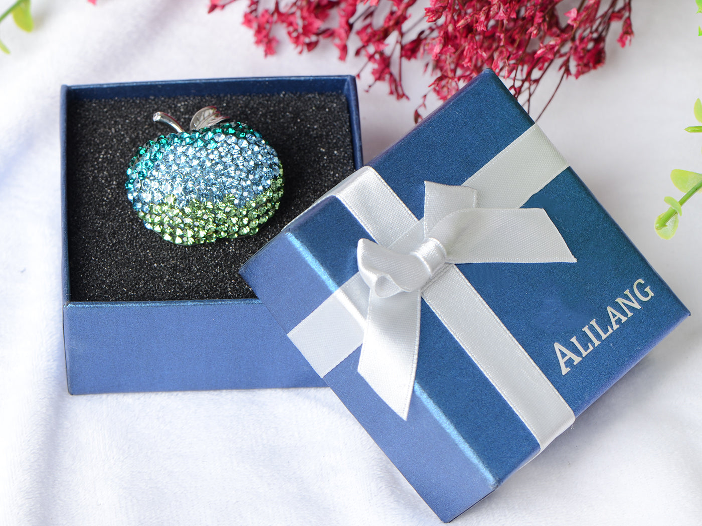 Swarovski Crystal Silver Shine Blue Green Apple Brooch Pin
