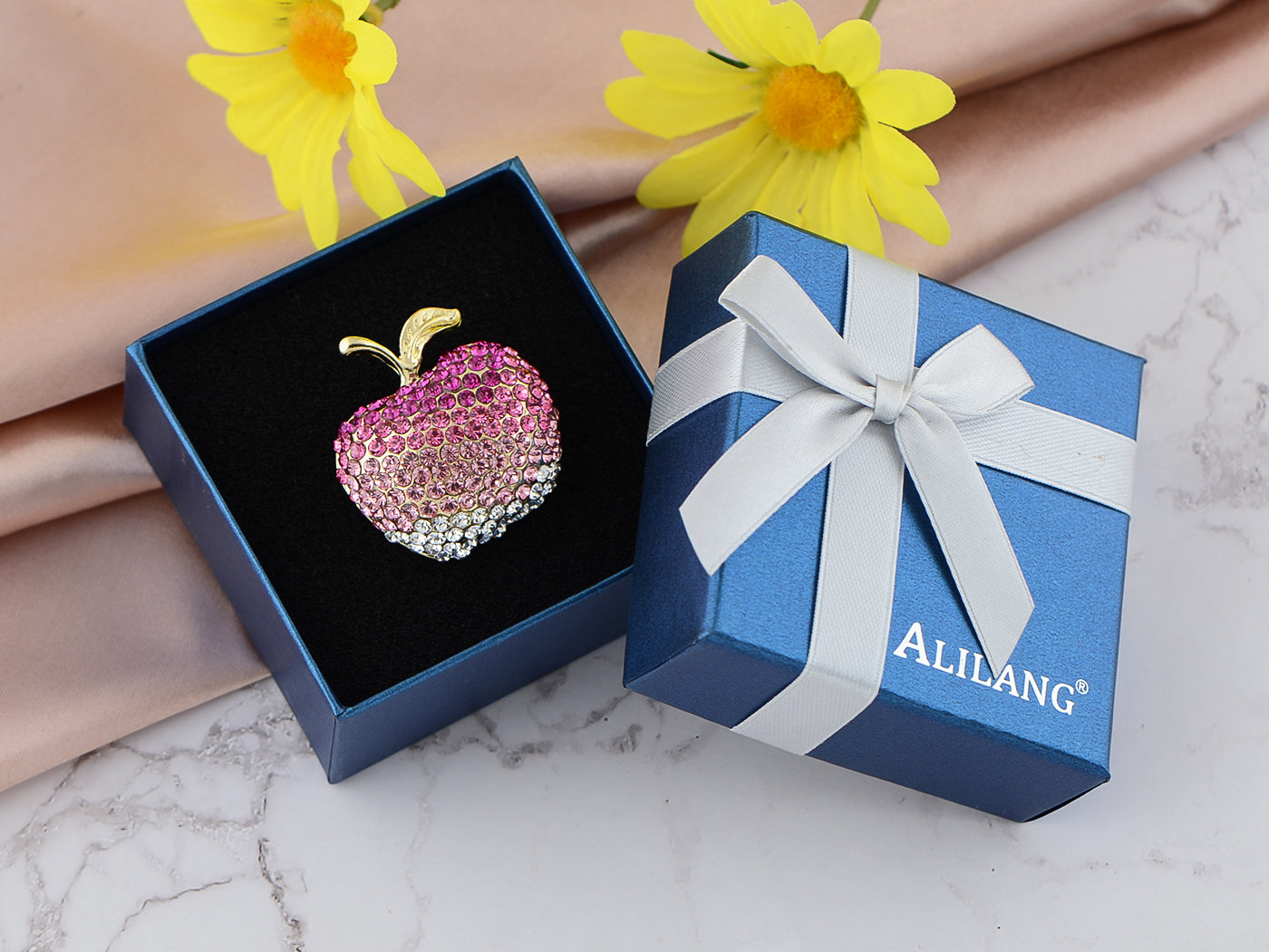 Swarovski Crystal Silver Shine Blue Green Apple Brooch Pin