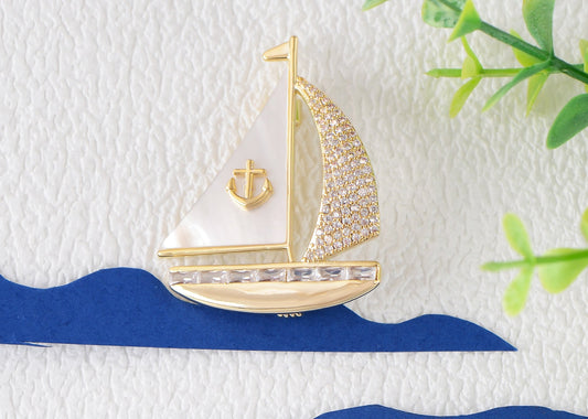 Crystal Rhinestone Sail Boat Brooch Pin - Nautical Sailor Navy Rudder Sailboat Anchor Sea Anchor Accessories Brooch