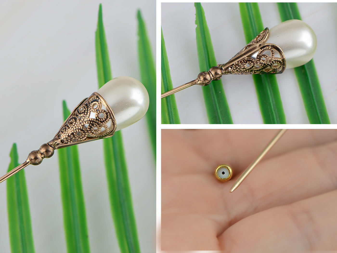 Women's Hat Pin Long Handle Golden Jewelry Retro Hollow Out Pearl Pins
