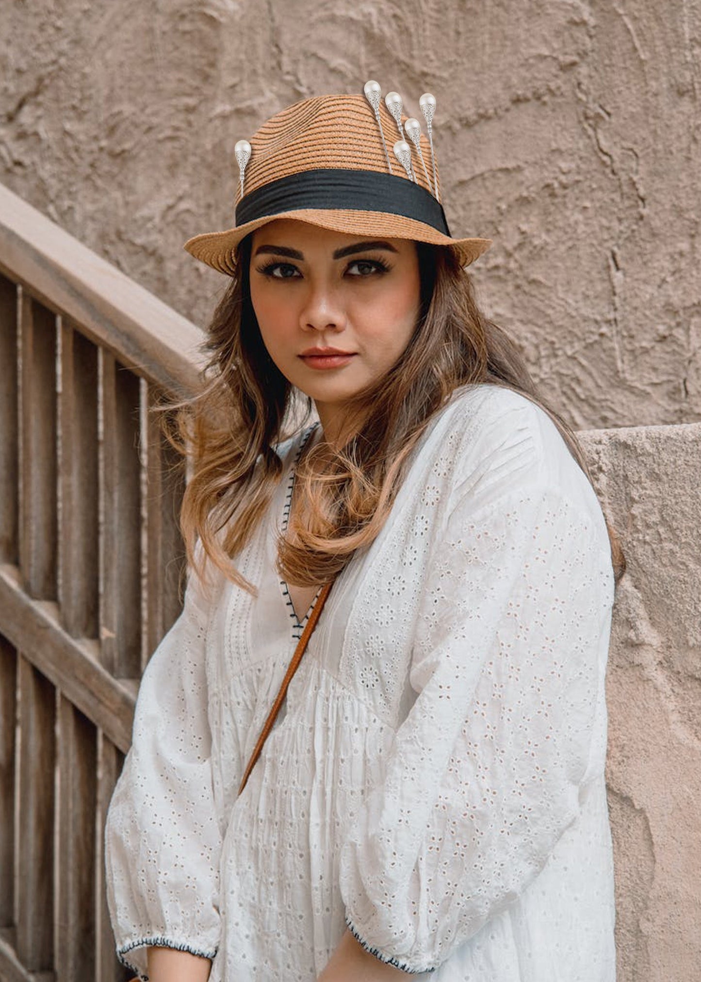 Women's Hat Pin Long Handle Golden Jewelry Retro Hollow Out Pearl Pins