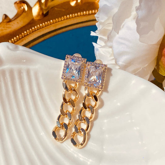 Gold Chain with Rectangular Crystal Earring